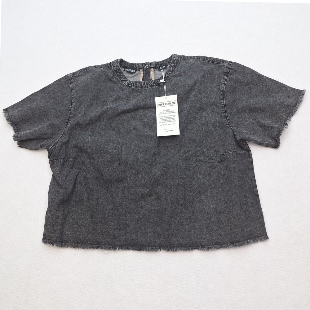 Wildfang Shirt Womens Large‎ Black Essential Denim Boxy Top  Distressed Raw Hem